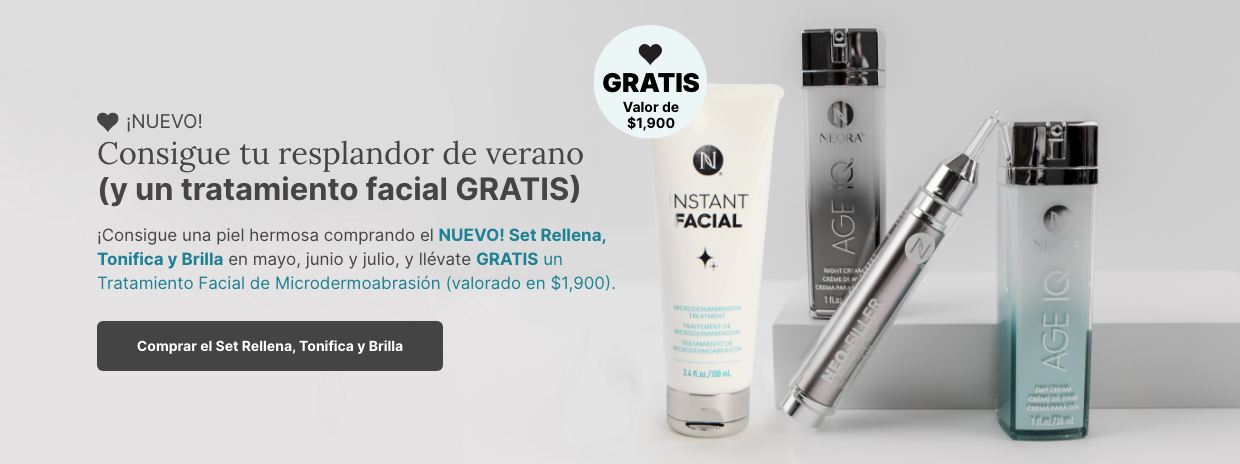Buy the NEW! Lift, Fill & Glow Set in May, June and July and score a FREE Instant Facial Microdermabrasion Treatment. Featured is the new skincare set.